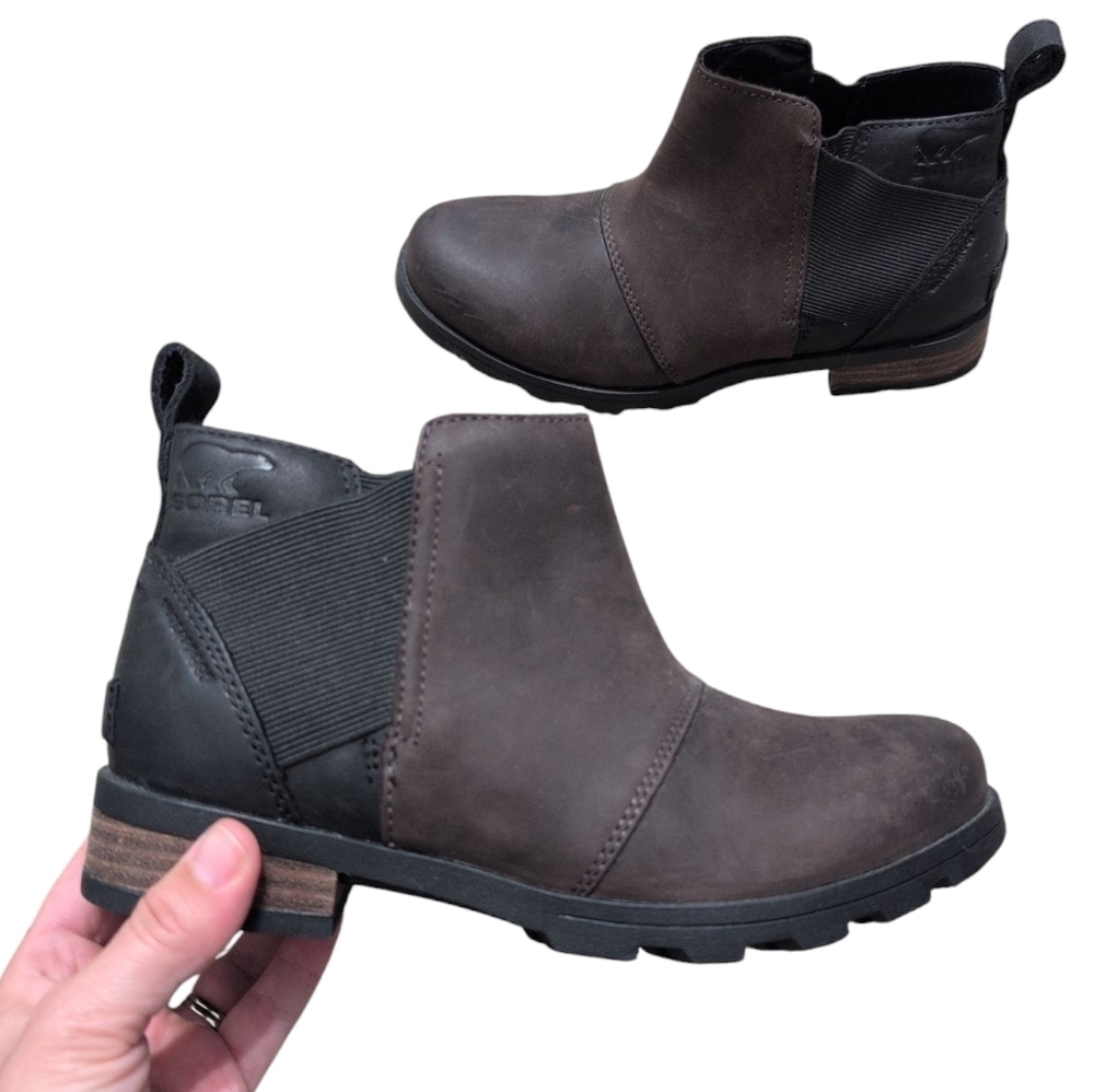 Sorel Emelie Chelsea‎ Waterproof Leather Boots Brown Black NL3719-205 Womens 5.5